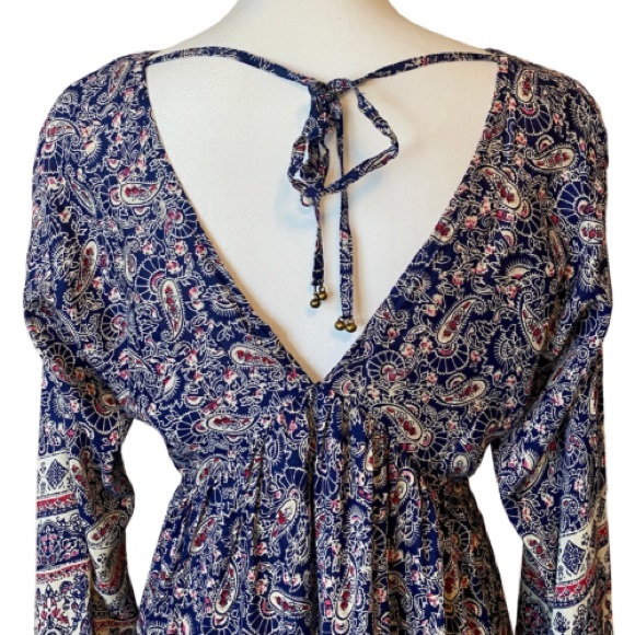NWT En Créme Boho Peasant Dress | Navy Paisley Design + Beaded V-Neck (S) - Picture 9 of 14